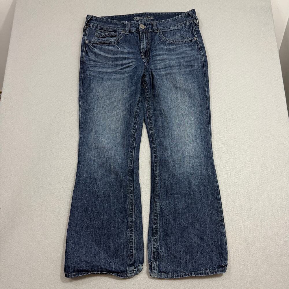 Vintage Guess Bootcut Jeans Men's 38x32 Blue Dark Wash Boot Wide Leg y2k Western